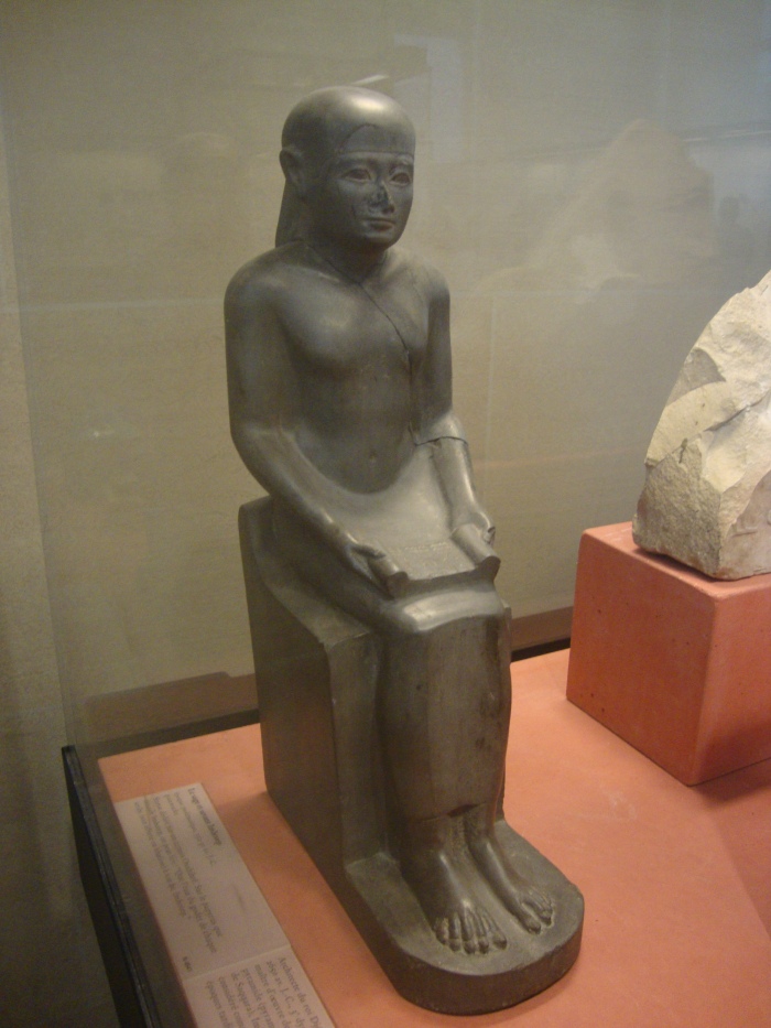 A statue of Imhotep in the Louvre. It is likely that he is the Joseph of the Bible who saved Egypt from a 7yr famine buy building grain silos such as these in cities around Egypt. He was able to buy up all the land of Egypt with the proceeds from selling the grain.  This had to take place early in Egypt's history.  Joseph and Imhotep have many other similarities.  For example, they both lived to the age of 110yrs, were embalmed when they died and given a royal Egyptian burrial, they imposed a 20% tax and they both married the daughter of the high pries of On.  They both saved Egypt from a 7 yr famine.  They were both visiers of non-royal blood.